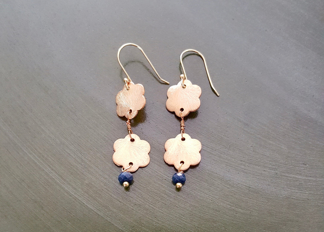 Hammered Metal Gold Flower And Sapphire Drop Earrings, September Birthstone Jewellery