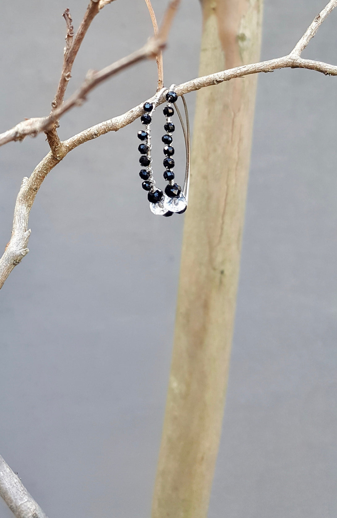 Wire Wrap Onyx And Crystal Threader Earrings, August Birthstone Jewellery