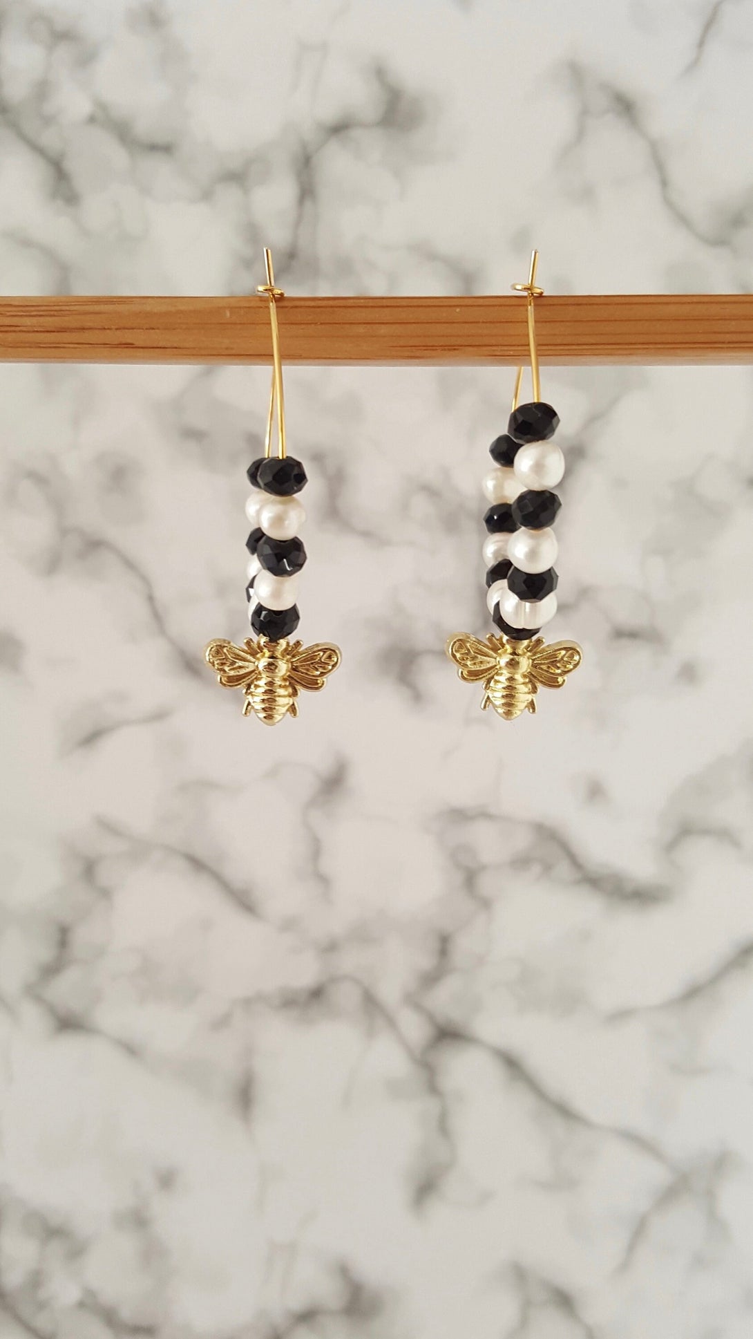 Onyx And Pearl Bee Hoop Earrings, June Birthstone Jewellery