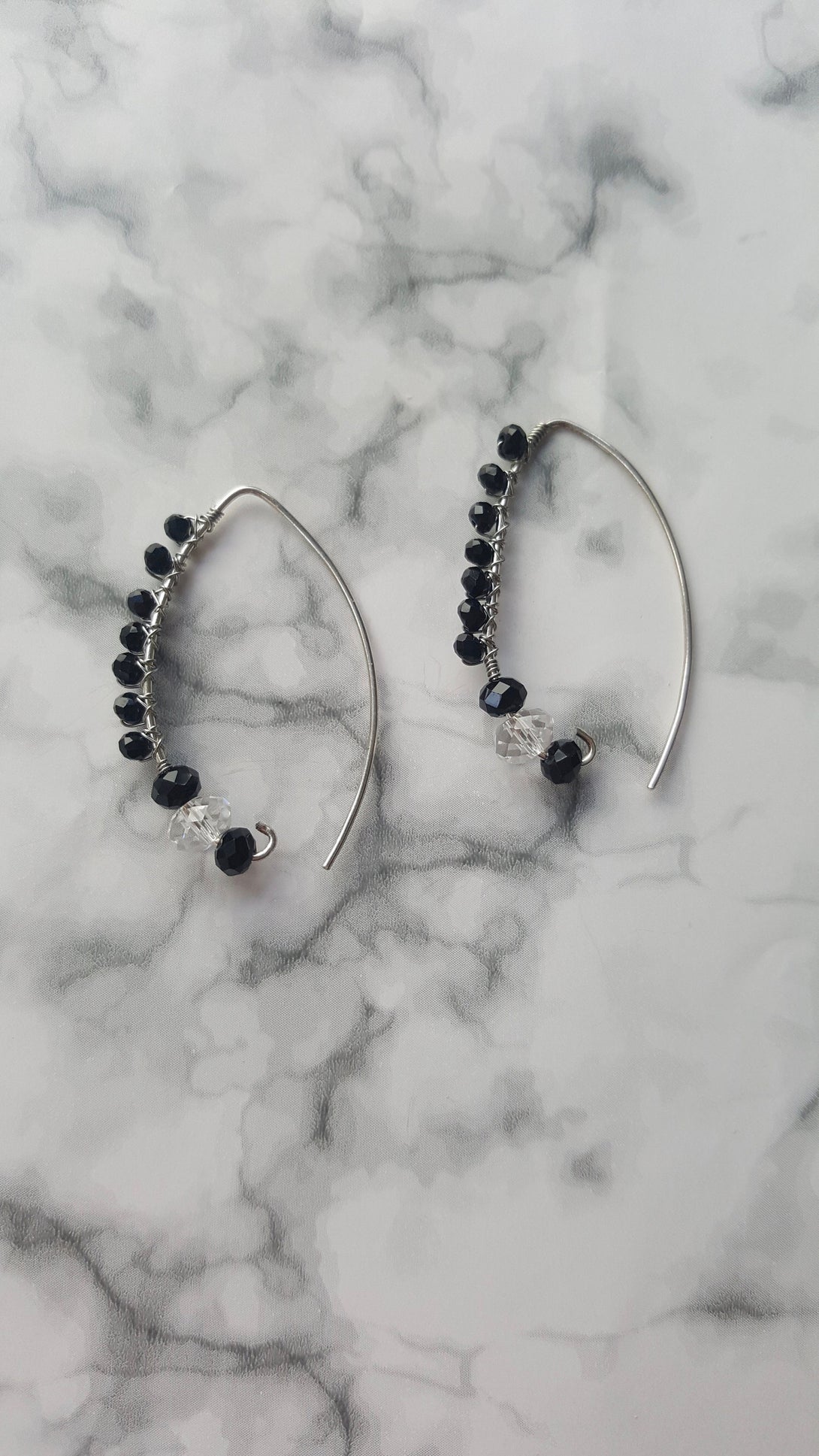 Wire Wrap Onyx And Crystal Threader Earrings, August Birthstone Jewellery