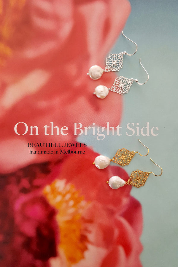 Filigree Coin Pearl Earrings In Silver And Gold, June Birthstone Jewellery