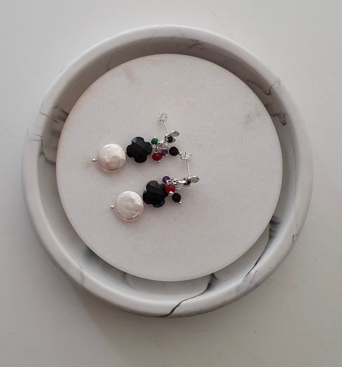 Coin Pearl Earrings With Onyx Clover And Gemstones, Lucky June Birthstone Jewellery