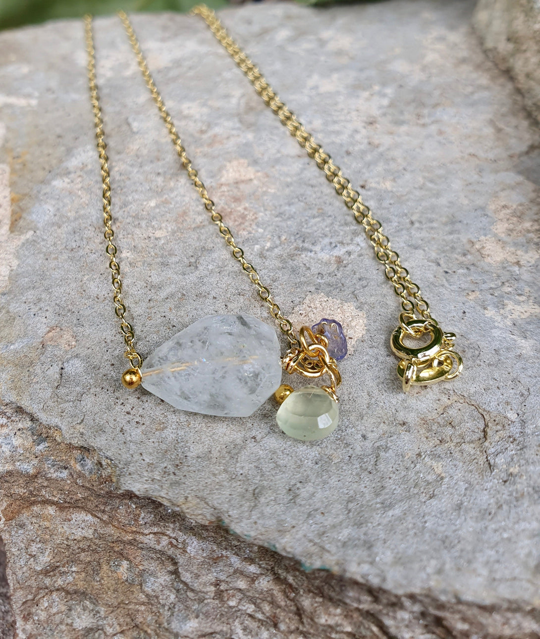 Raw Stone Necklace, Aquamarine And Tanzanite, March Birthstone