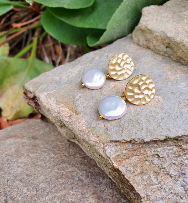 Coin Pearl Earrings, Shield Earrings, June Birthstone Jewellery