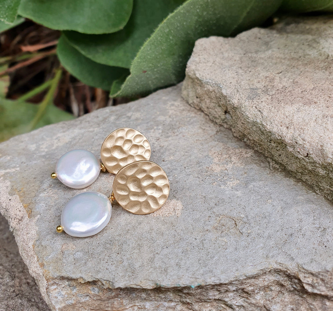 Coin Pearl Earrings, Shield Earrings, June Birthstone Jewellery