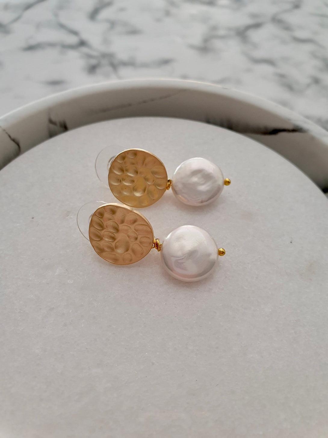 Coin Pearl Earrings, Shield Earrings, June Birthstone Jewellery