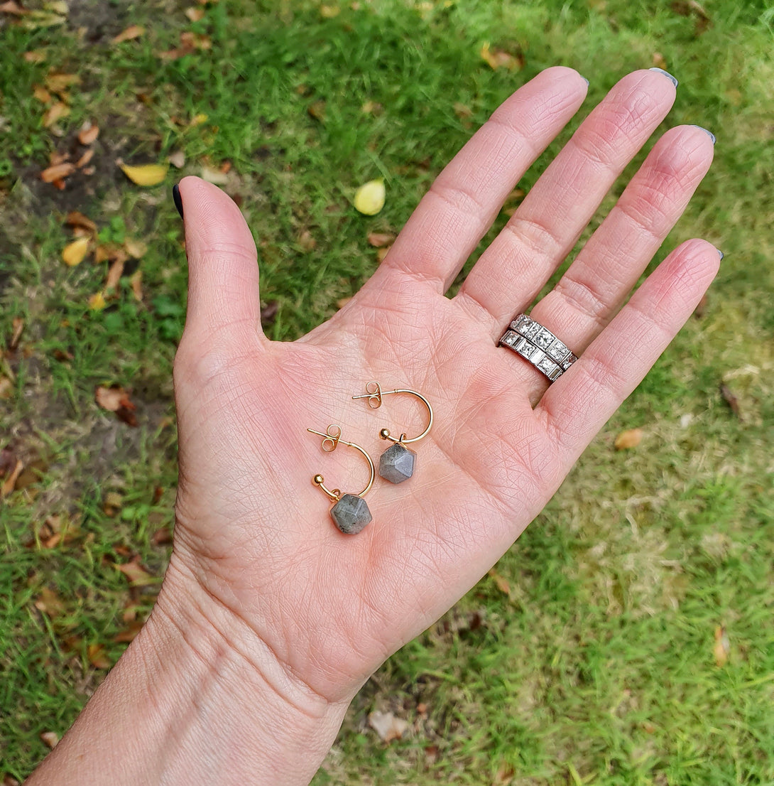 Raw Stone Hoop Earrings, Labradorite Birthstone Jewellery