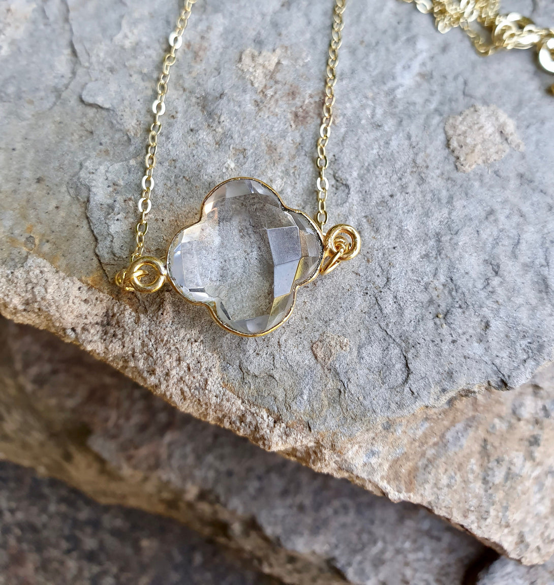 Clear Quartz Necklace, Clover Gemstone, April Birthstone Jewellery