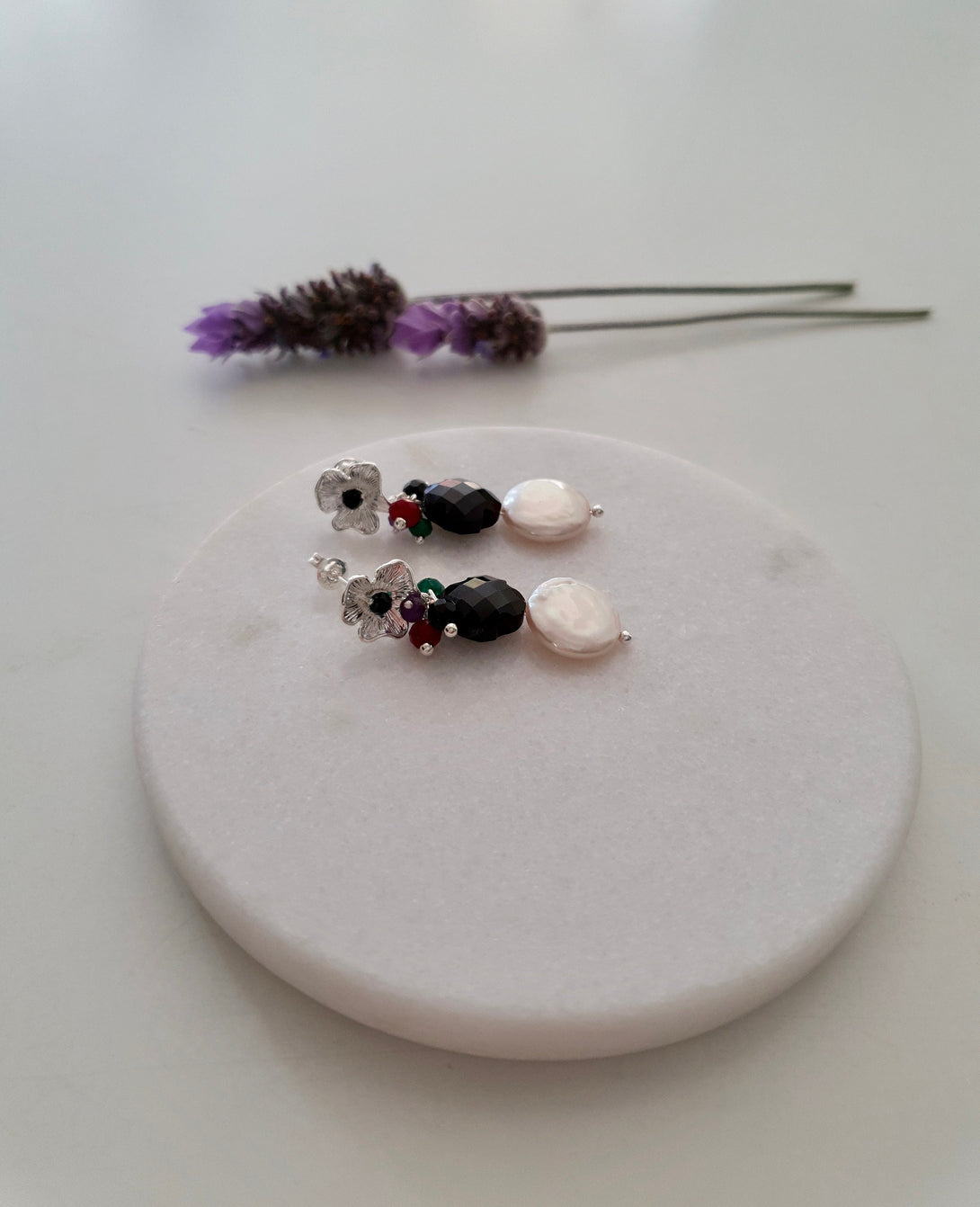 Coin Pearl Earrings With Onyx Clover And Gemstones, Lucky June Birthstone Jewellery