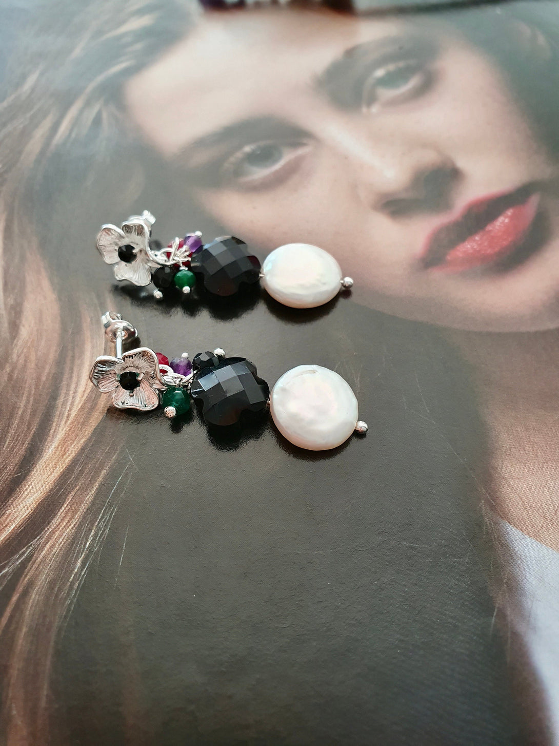 Coin Pearl Earrings With Onyx Clover And Gemstones, Lucky June Birthstone Jewellery