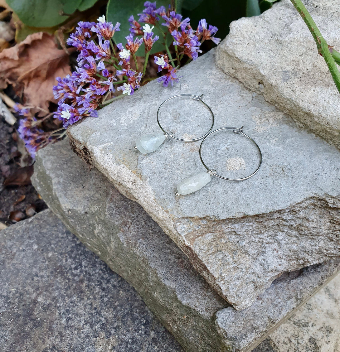 Raw Aquamarine Hoop Earrings, Birthstone Jewellery