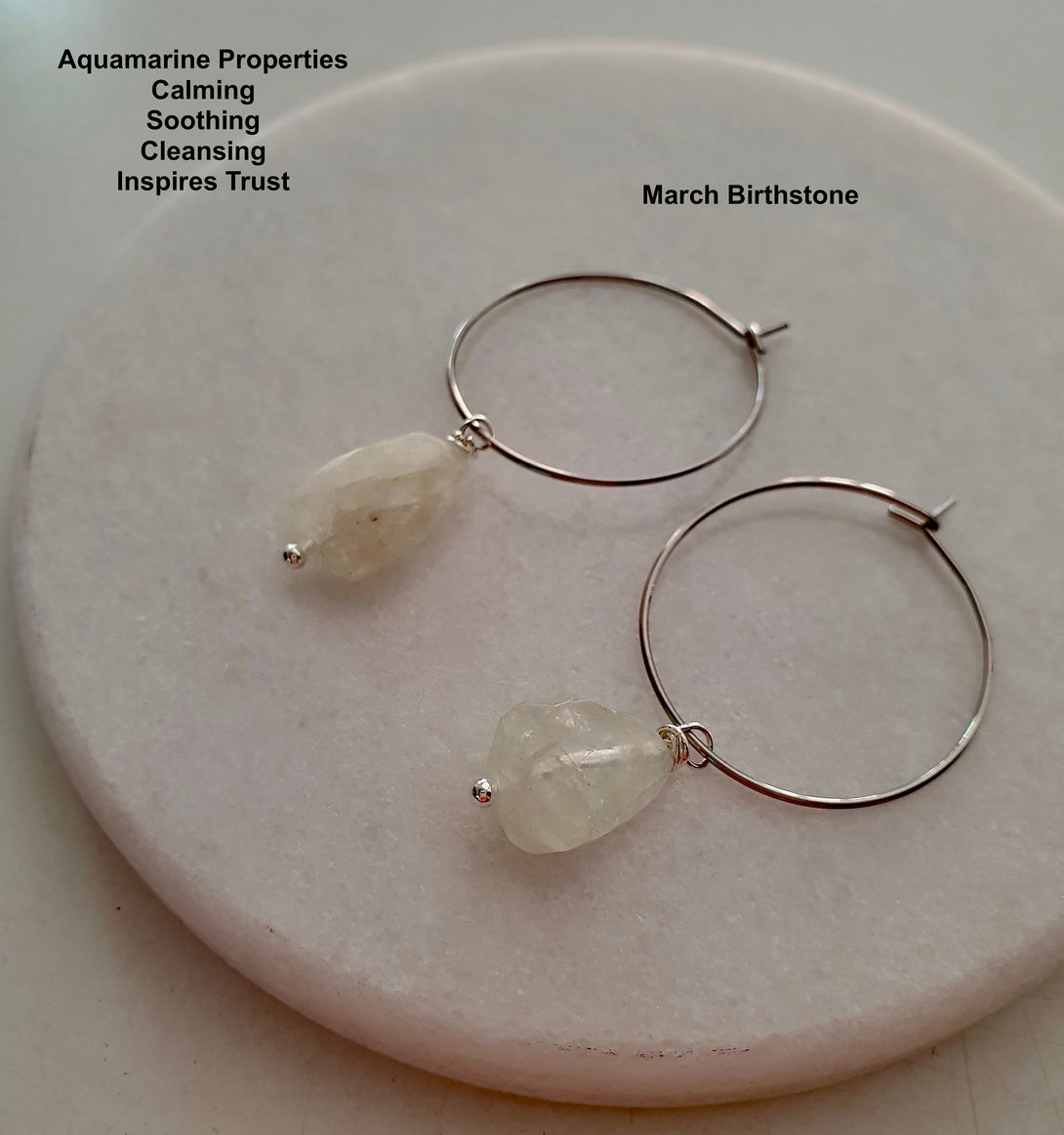 Raw Aquamarine Hoop Earrings, Birthstone Jewellery