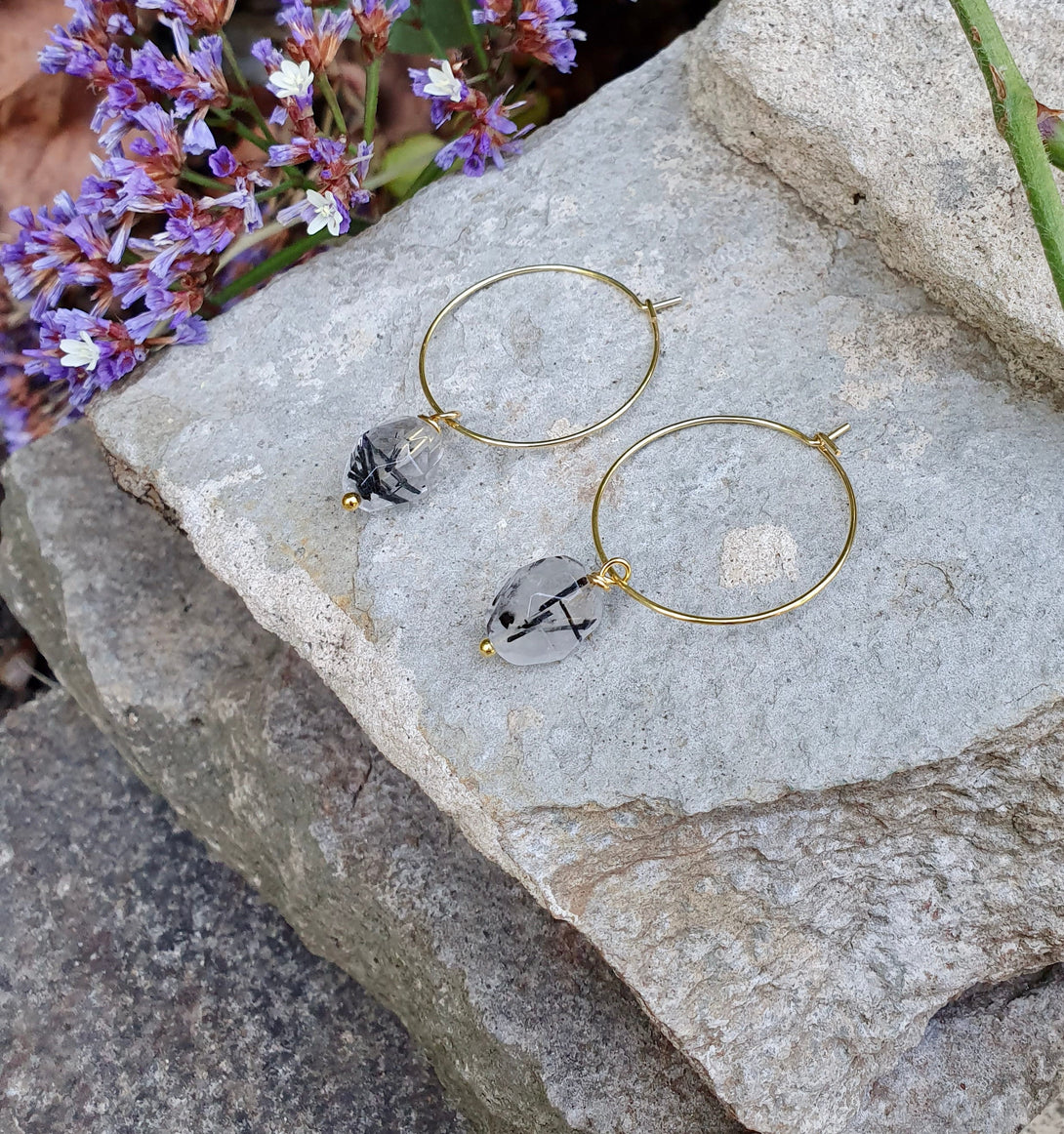 Rutilated Quartz Hoop Earrings, Healing Birthstone Jewellery