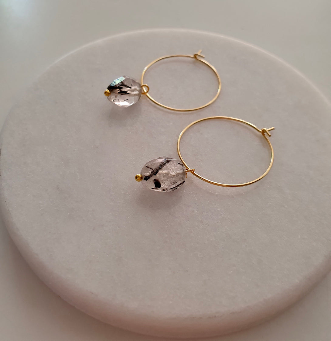 Rutilated Quartz Hoop Earrings, Healing Birthstone Jewellery