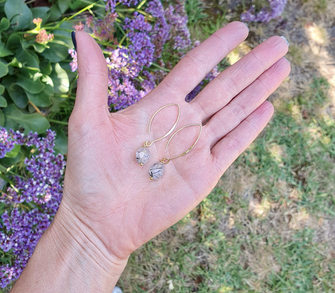 Rutilated Quartz Crystal Drop Earrings, Healing Gemstones, April Birthstone, Chakra Jewellery