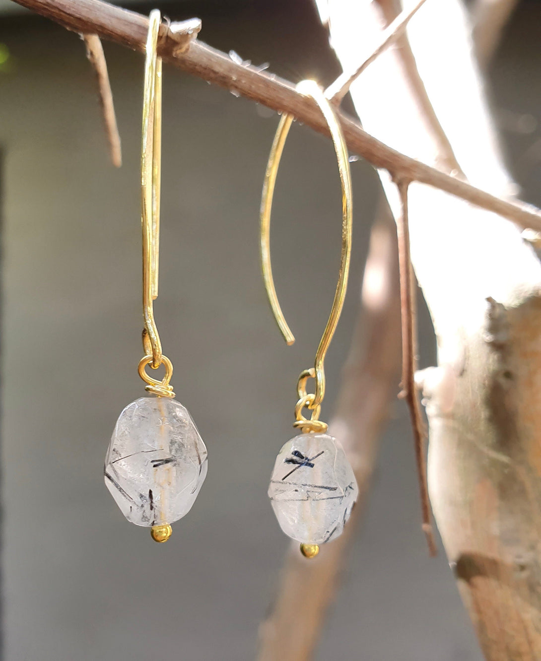 Rutilated Quartz Crystal Drop Earrings, Healing Gemstones, April Birthstone, Chakra Jewellery