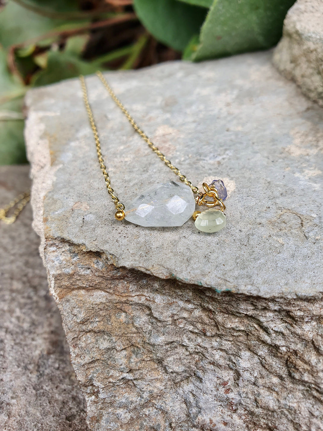 Raw Stone Necklace, Aquamarine And Tanzanite, March Birthstone