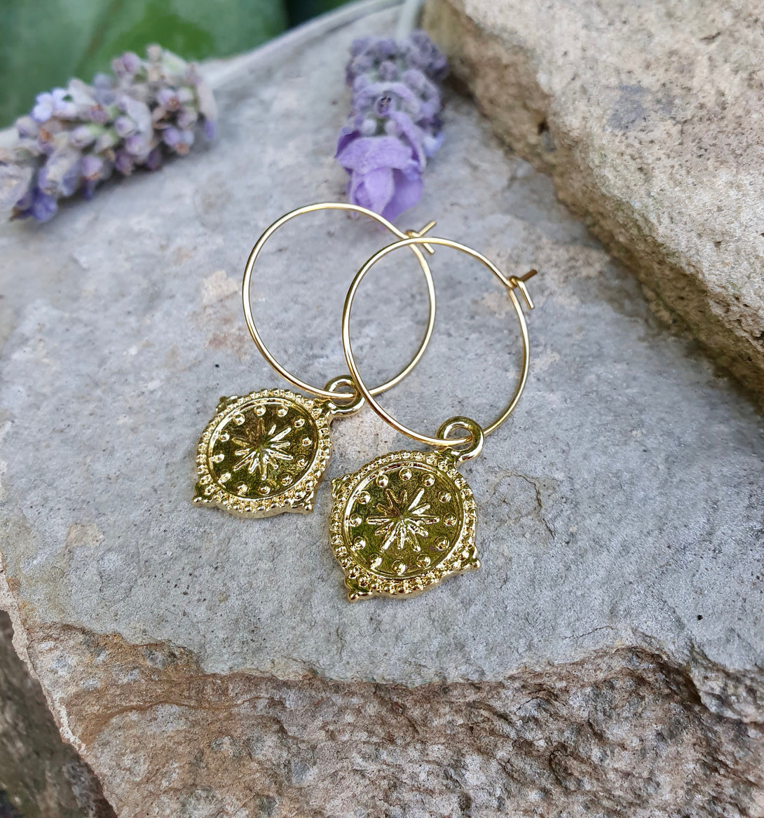 Sun Charm Hoop Earrings, Symbolic Jewellery