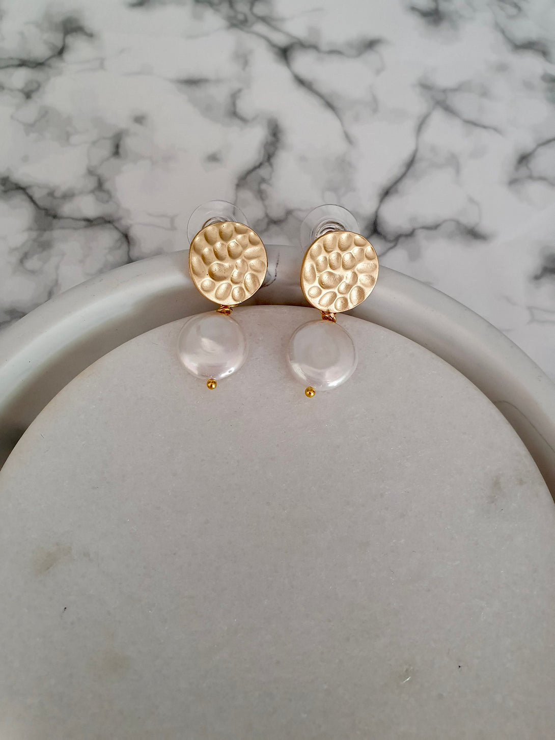 Coin Pearl Earrings, Shield Earrings, June Birthstone Jewellery