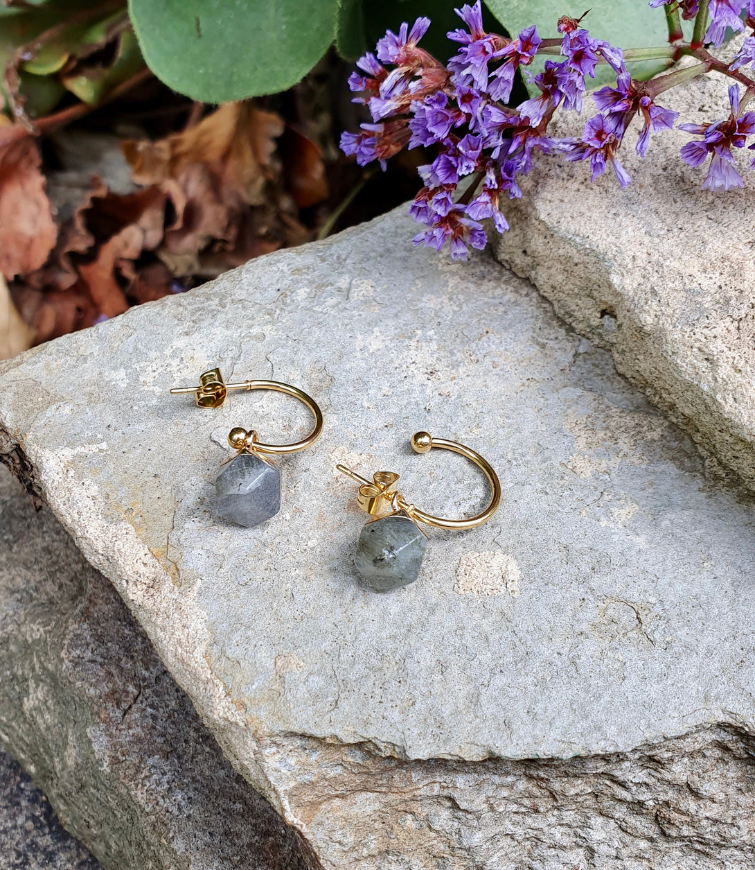 Raw Stone Hoop Earrings, Labradorite Birthstone Jewellery