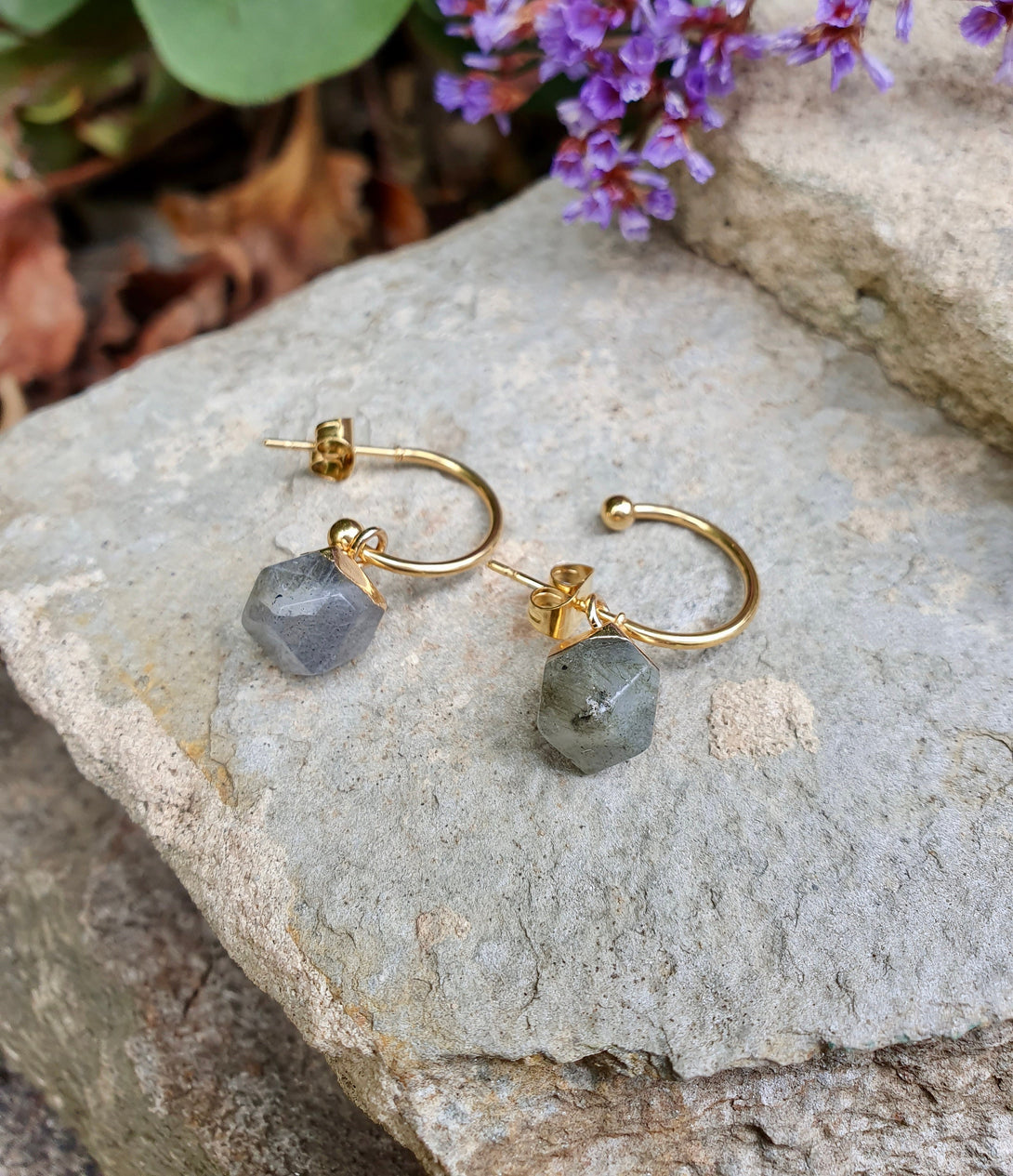 Raw Stone Hoop Earrings, Labradorite Birthstone Jewellery