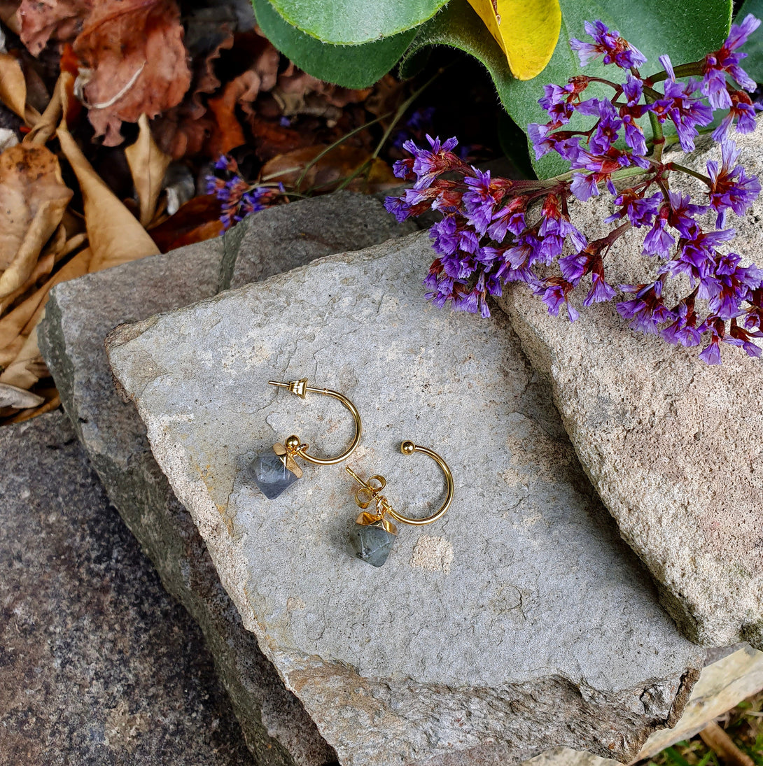 Raw Stone Hoop Earrings, Labradorite Birthstone Jewellery