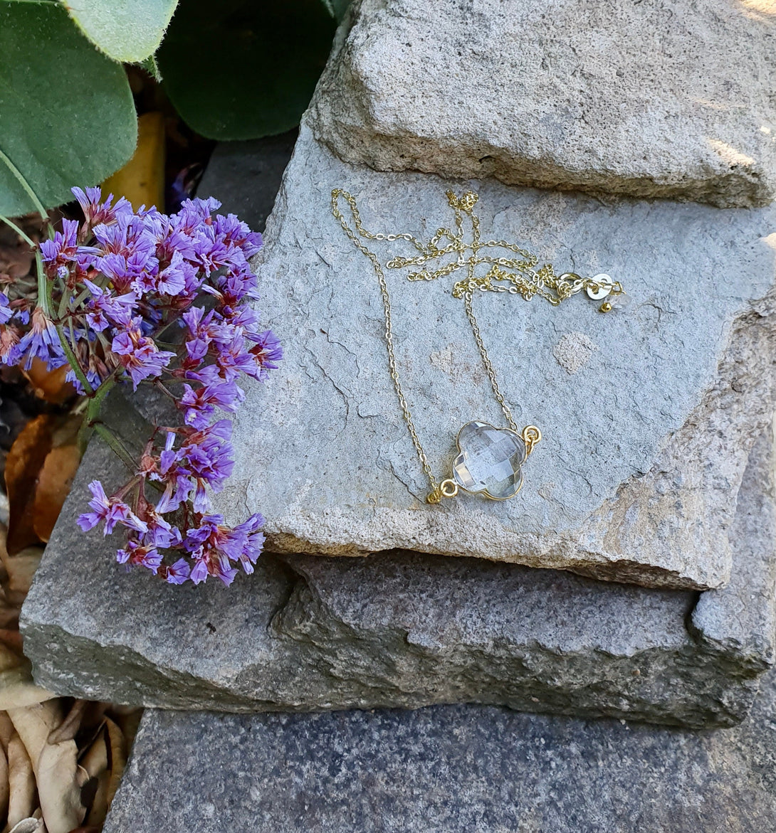 Clear Quartz Necklace, Clover Gemstone, April Birthstone Jewellery