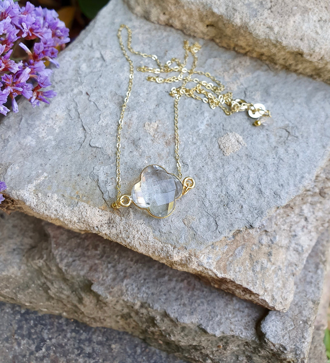 Clear Quartz Necklace, Clover Gemstone, April Birthstone Jewellery