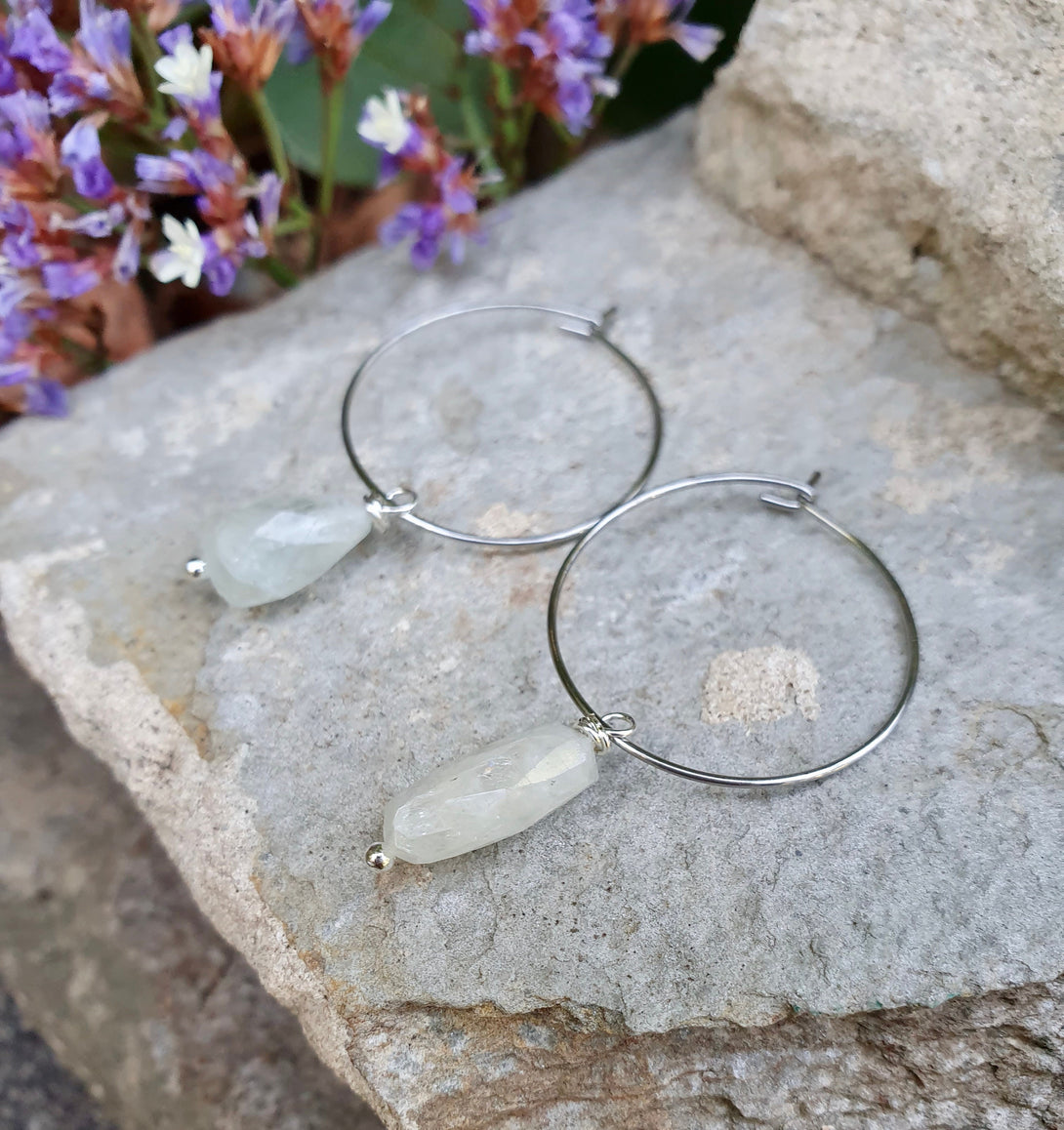 Raw Aquamarine Hoop Earrings, Birthstone Jewellery