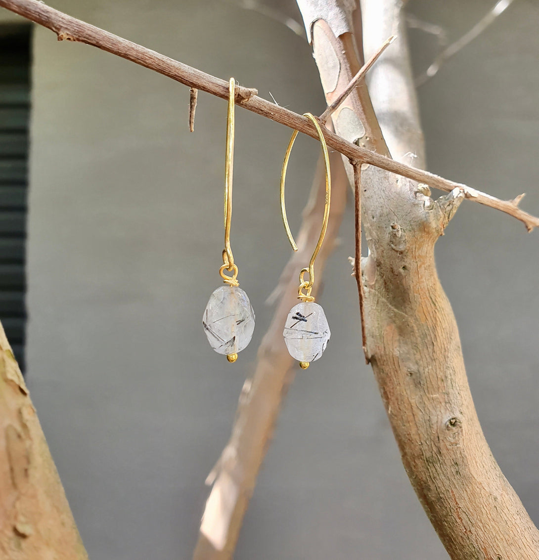 Rutilated Quartz Crystal Drop Earrings, Healing Gemstones, April Birthstone, Chakra Jewellery