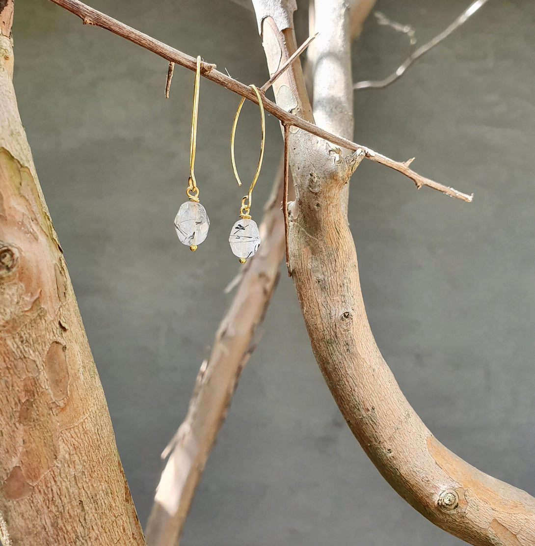 Rutilated Quartz Crystal Drop Earrings, Healing Gemstones, April Birthstone, Chakra Jewellery