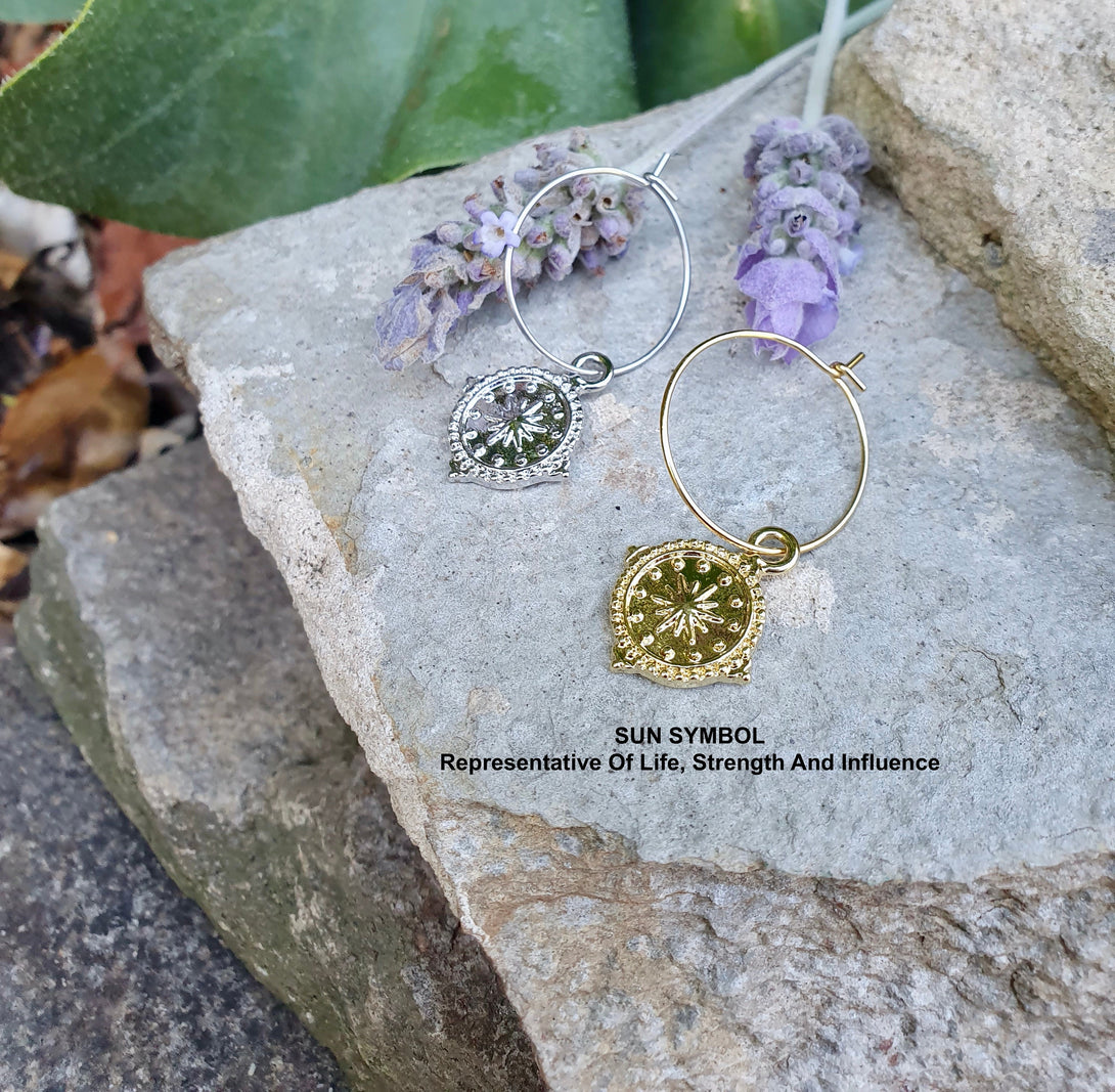 Sun Charm Hoop Earrings, Symbolic Jewellery