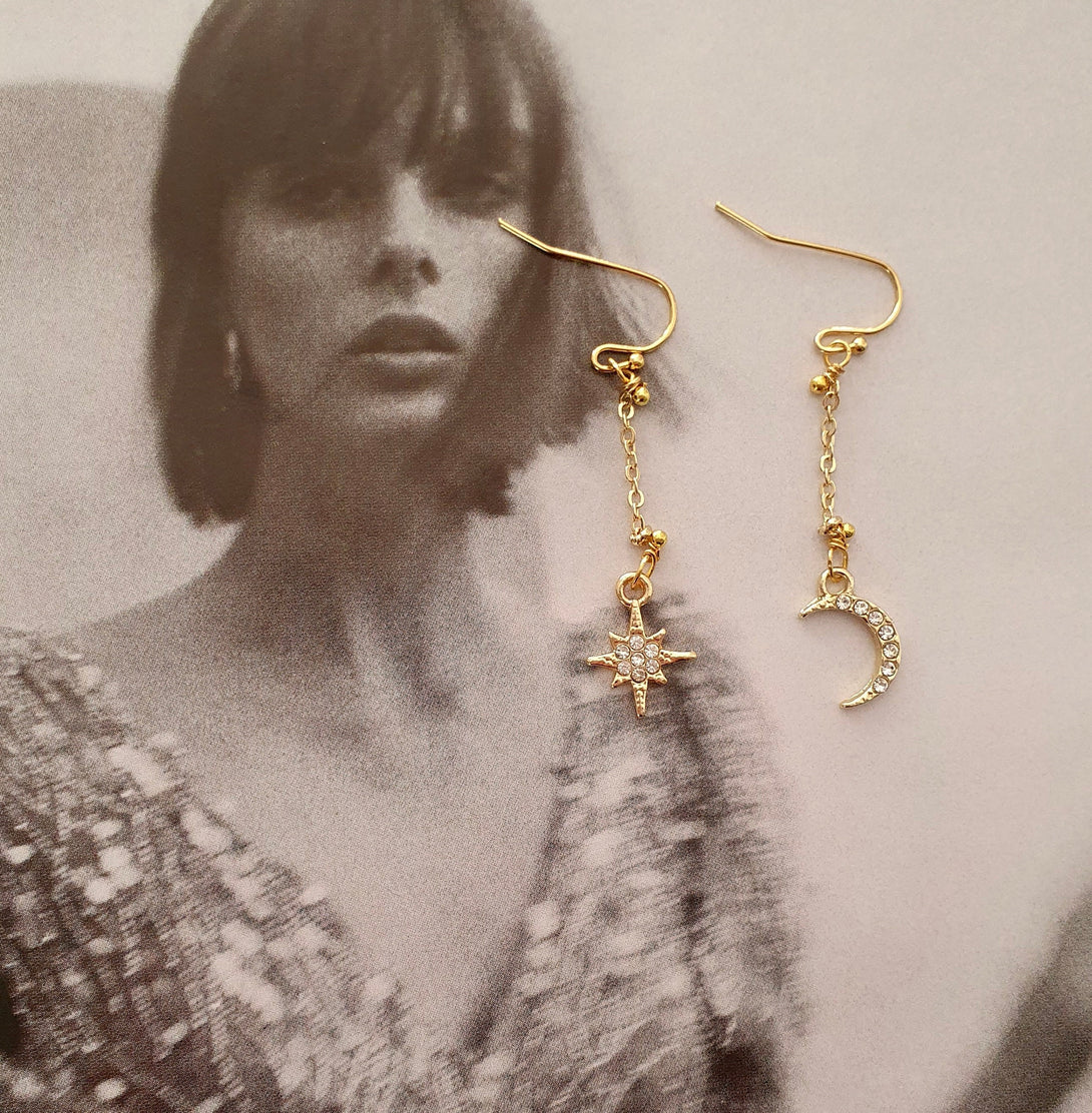 Gold Moon And Star Chain Drop Earrings