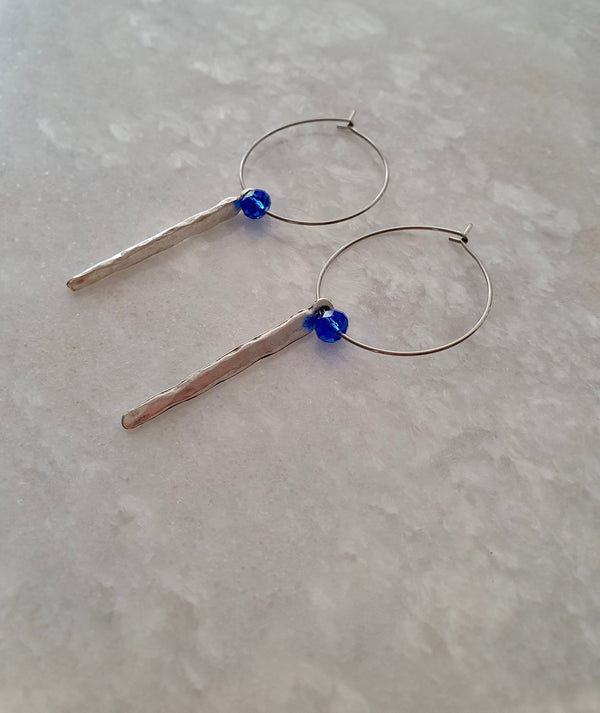 Handcrafted Hoop Earrings With Hammered Bar And Blue Bead