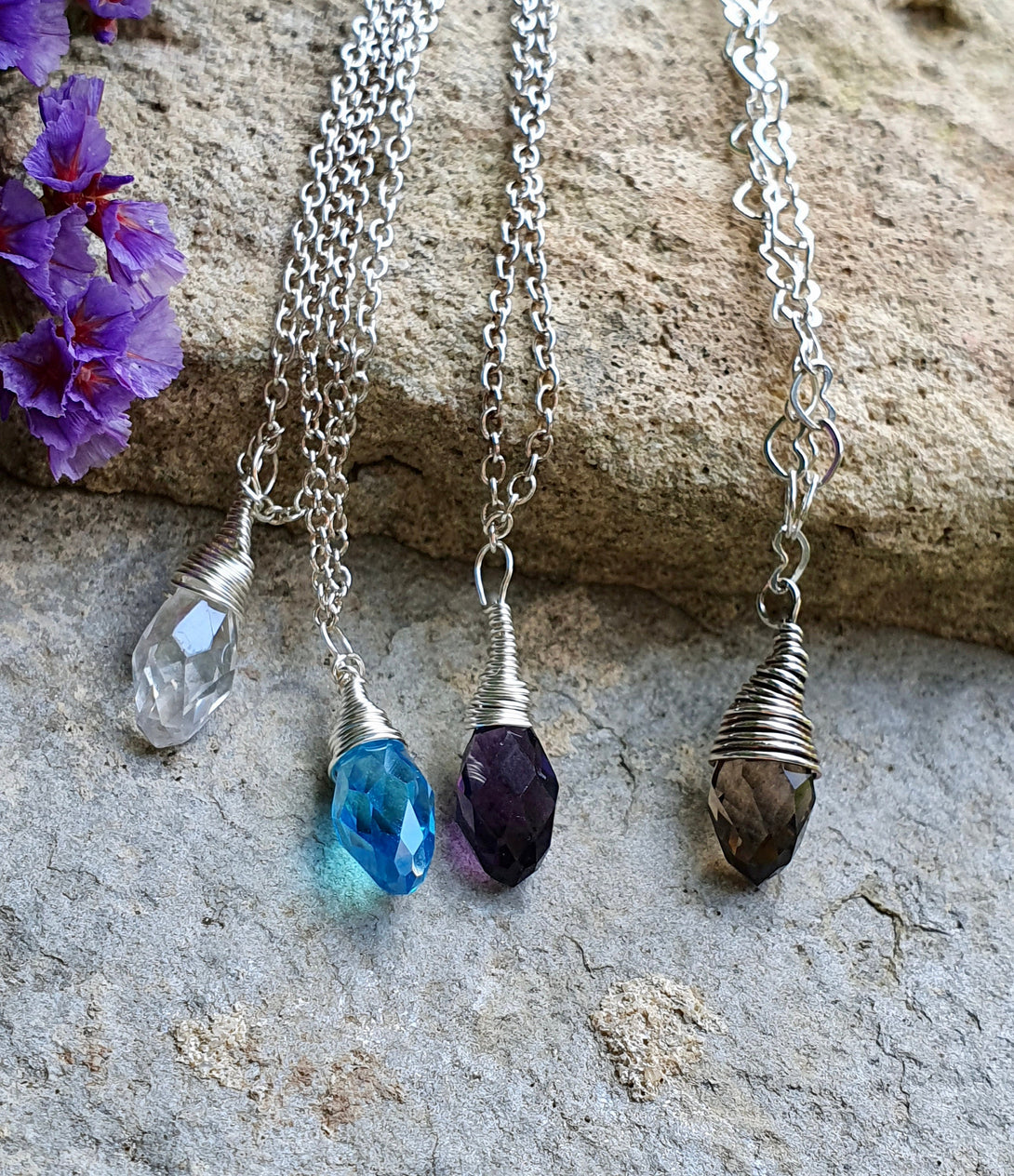 Sterling Silver Gemstone Drop Necklace, Healing Crystals, Wire Wrap Jewellery