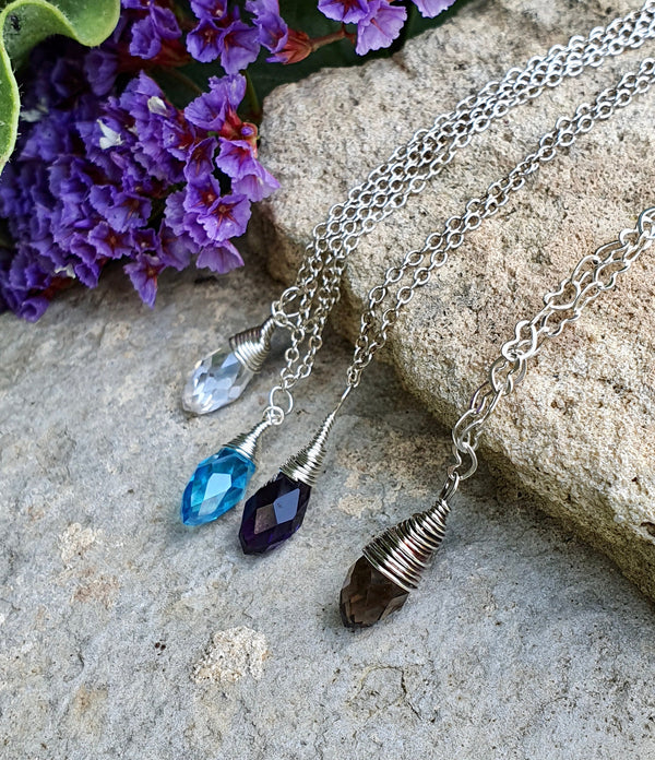 Sterling Silver Gemstone Drop Necklace, Healing Crystals, Wire Wrap Jewellery