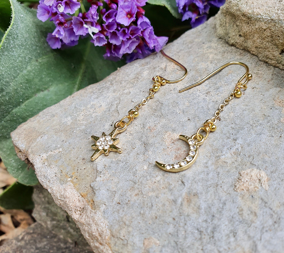 Gold Moon And Star Chain Drop Earrings