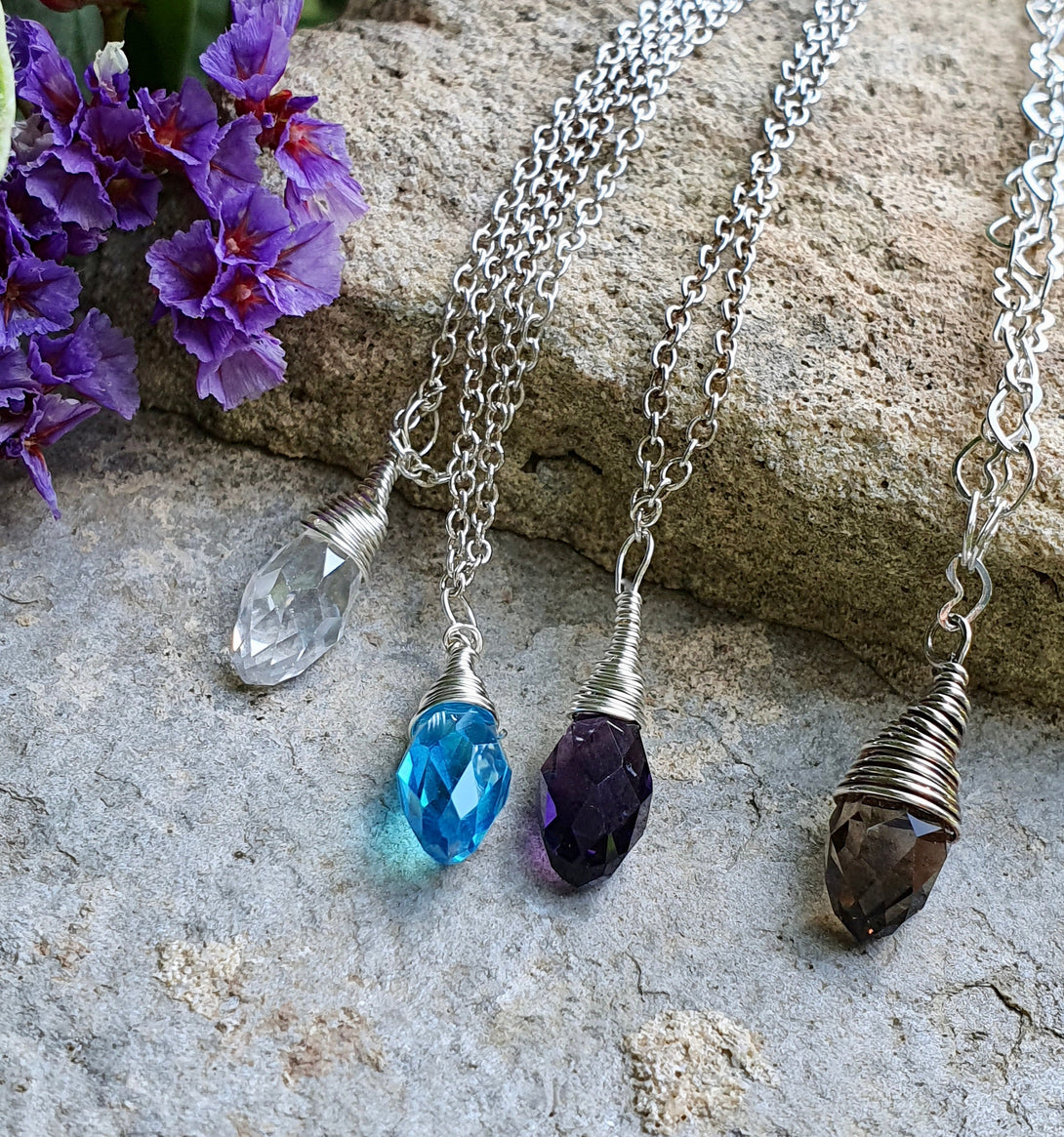 Sterling Silver Gemstone Drop Necklace, Healing Crystals, Wire Wrap Jewellery