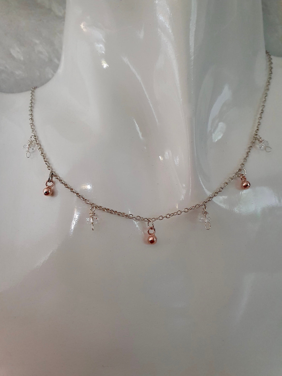 Clear Quartz And Rose Gold Charm Necklace, April Birthstone Jewellery