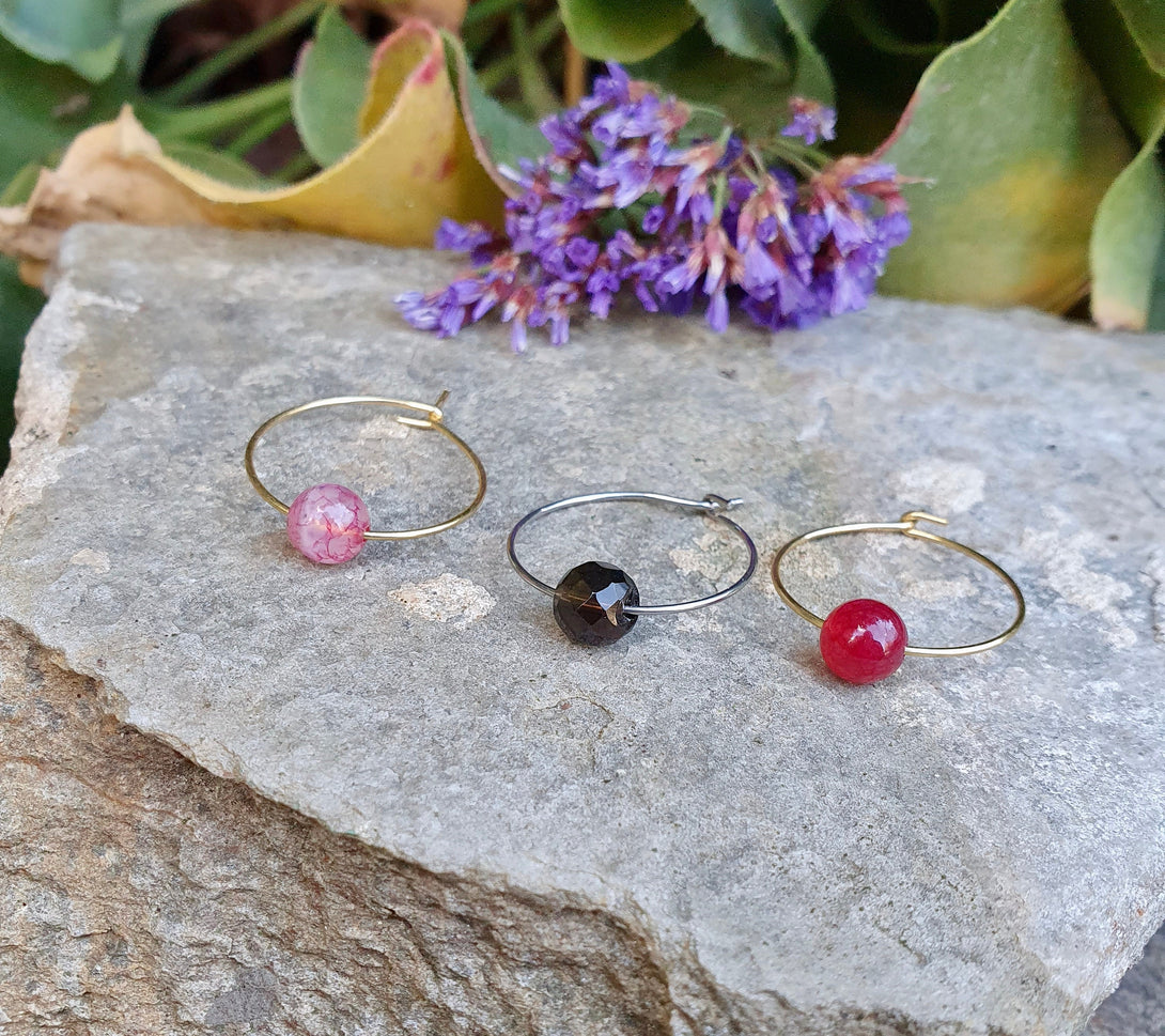 Gemstone Hoop Earrings, Tourmaline, Smoky Quartz, Birthstone Jewellery