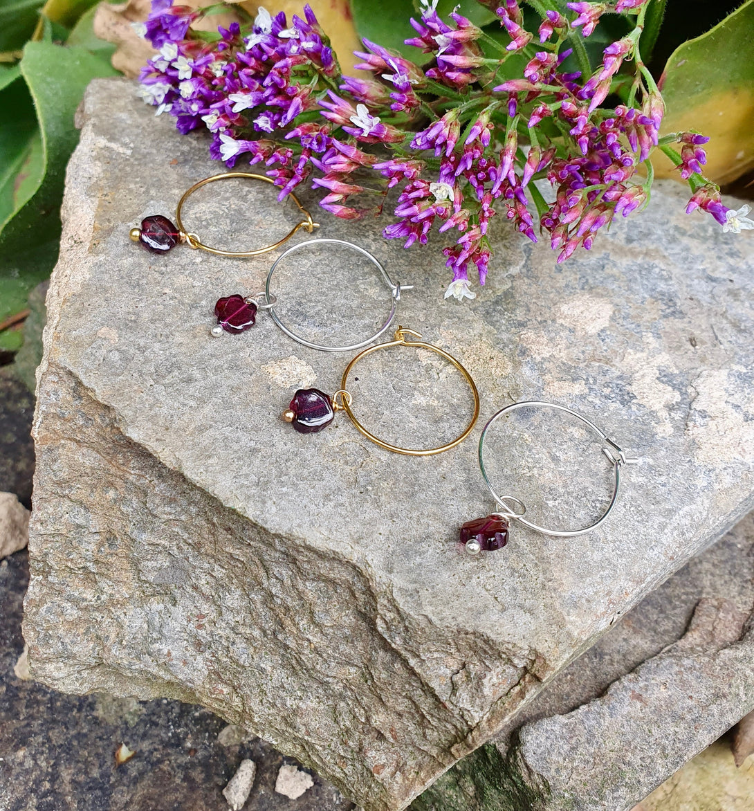 Garnet Flower Hoop Earrings, January Birthstone Jewellery