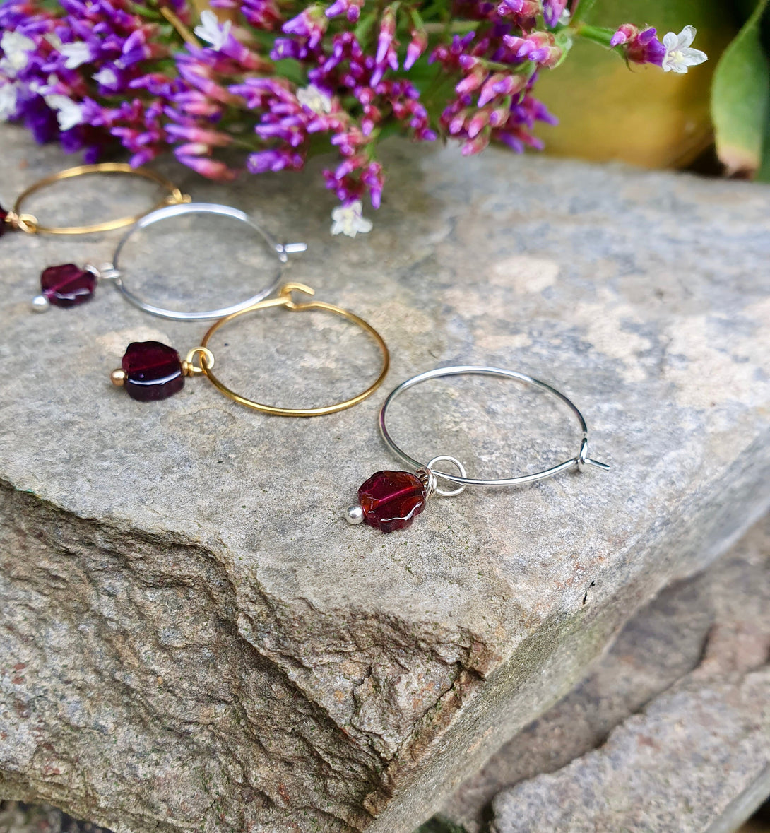 Garnet Flower Hoop Earrings, January Birthstone Jewellery