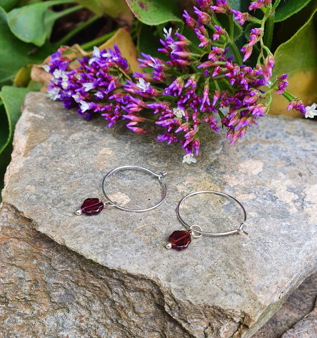 Garnet Flower Hoop Earrings, January Birthstone Jewellery