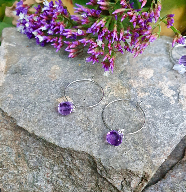 Amethyst Hoop Earrings, Sterling Silver Birthstone Jewellery