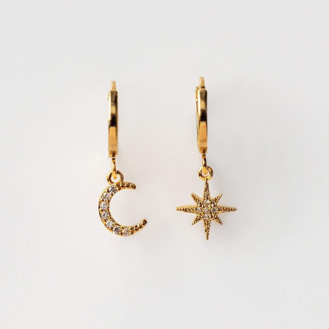 CZ Mismatched Moon And Star Earrings