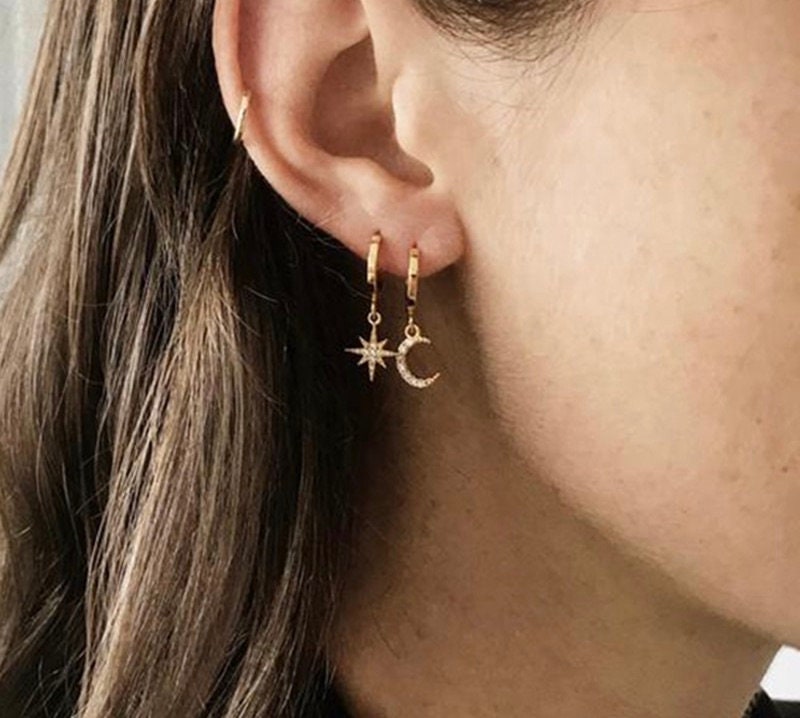 CZ Mismatched Moon And Star Earrings