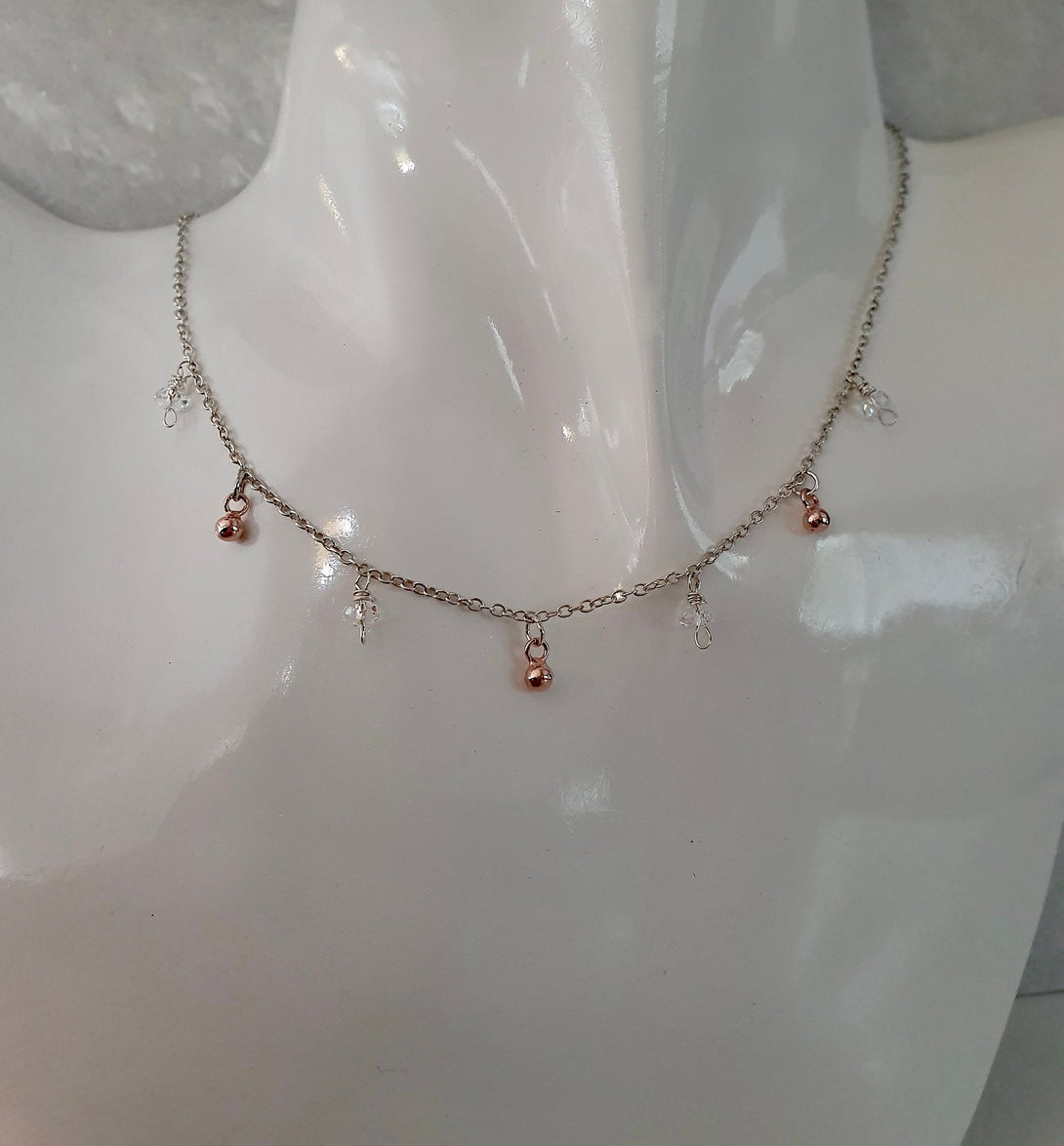 Clear Quartz And Rose Gold Charm Necklace, April Birthstone Jewellery