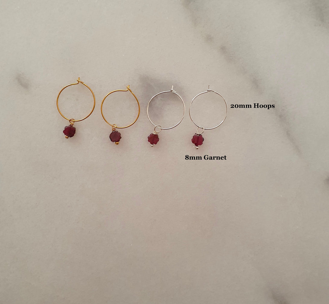 Garnet Flower Hoop Earrings, January Birthstone Jewellery