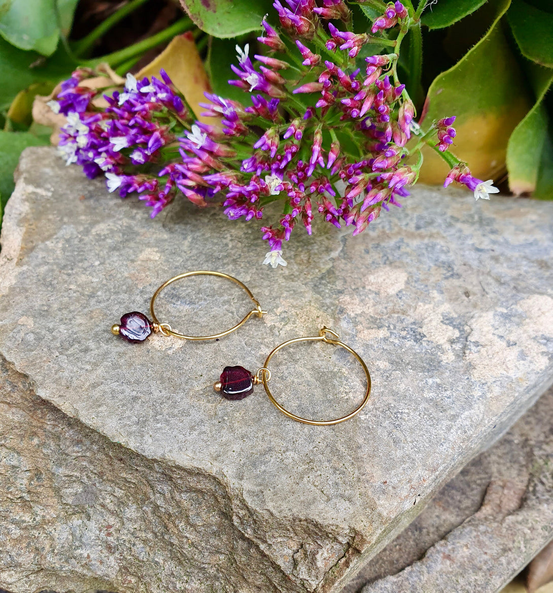 Garnet Flower Hoop Earrings, January Birthstone Jewellery