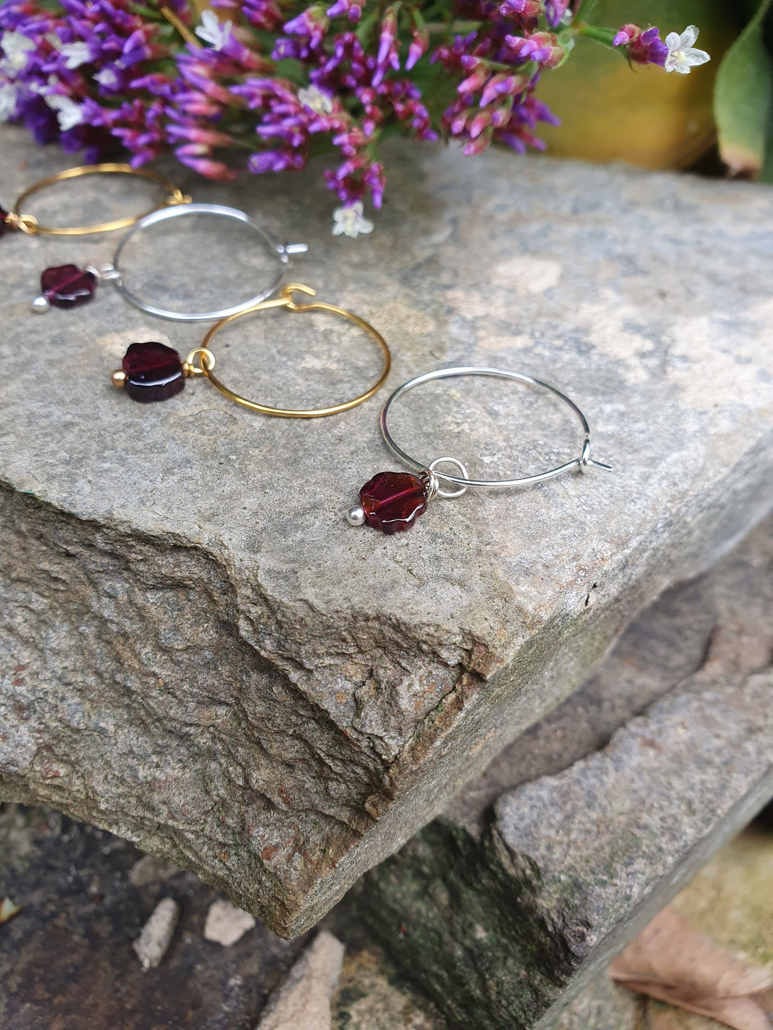 Garnet Flower Hoop Earrings, January Birthstone Jewellery